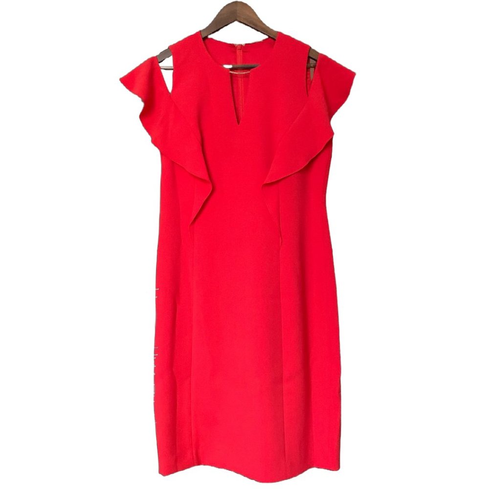 Elie Tahari Red Dress with Ruffle Sleeves and Gold Detail Women’s 8